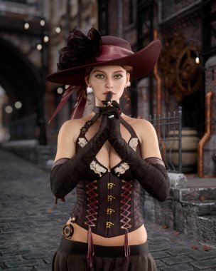 Geçmişe dönük Victoria tarzı bir sokakta poz veren güzel seksi steampunk kadın portresi. 3B görüntüleme.