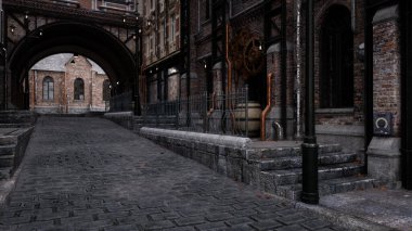 Steampunk kavramı, gaz lambalarıyla aydınlatılan parke taşlı karanlık Viktorya dönemi şehir caddesi. 3B görüntüleme.