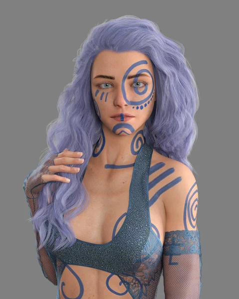 Retrato Bela Mulher Mágica Fantasia Com Cabelo Azul Tatuagens Ilustração — Fotografia de Stock