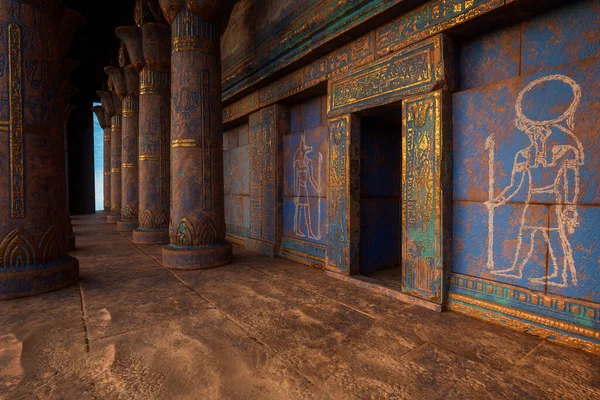 Древний Египетский Храм Вход Гробницу Окружен Синими Золотыми Покрашенными Колоннами — стоковое фото