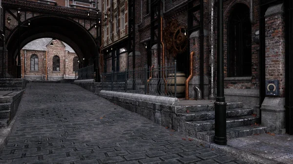 Steampunk Έννοια Σκοτεινό Παλιό Βικτοριανό Δρόμο Της Πόλης Λιθόστρωτο Δρόμο — Φωτογραφία Αρχείου