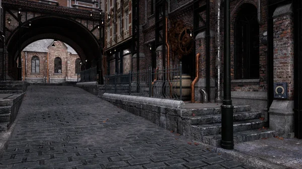 Steampunk kavramı, gaz lambalarıyla aydınlatılan parke taşlı karanlık Viktorya dönemi şehir caddesi. 3B görüntüleme.