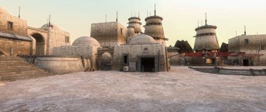 Galaksinin dış kenarındaki yabancı bir gezegende hayali bir bilim kurgu merkezinin panoramik 3D çizimi.
