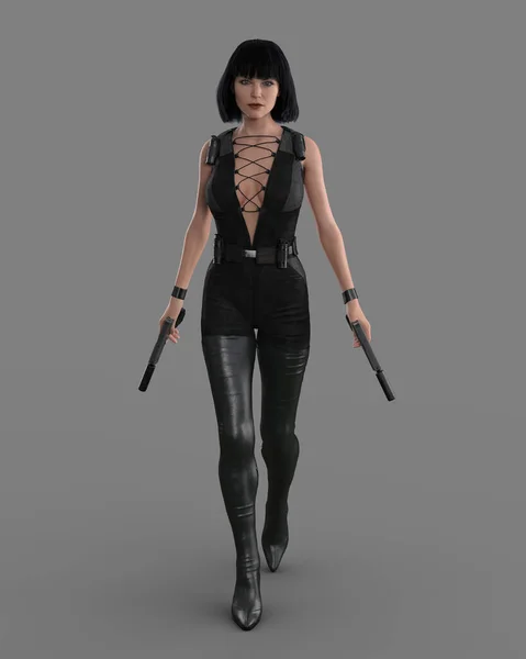 美丽的幻想中的女刺客手拿着枪走路 在灰色背景下孤立的3D图形 — 图库照片
