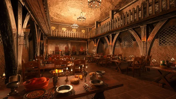 Dark moody medieval dining hall with tables laid for a great feast. 3D illustration.