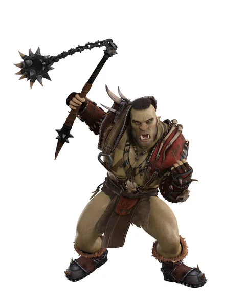 幻想兽人怪兽猛兽战士在战斗中挥动铁锤武器 在白色背景上孤立的3D插图 — 图库照片