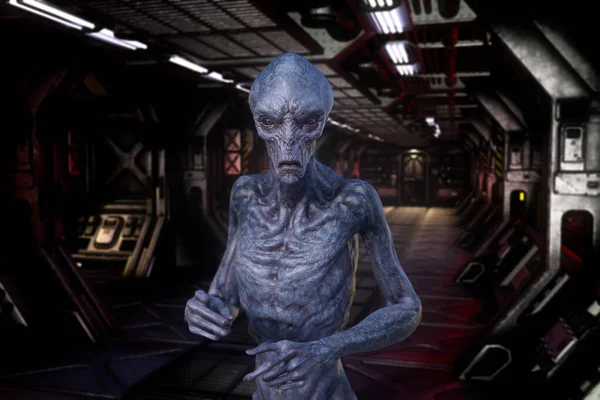 Retrato Una Criatura Extraterrestre Extraterrestre Con Piel Gris Azulada Pie — Foto de Stock