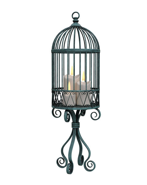 Vintage metal birdcage candle stand garden furniture. 3D rendering isolated on white background.