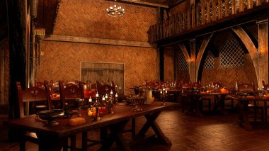 3D illustration of medieval great hall lit be candle light with tables set for a feast.