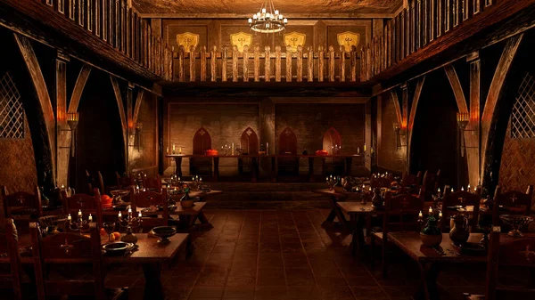 Rendering Des Mittelalterlichen Speisesaals Mit Tischen Für Ein Königliches Festmahl — Stockfoto
