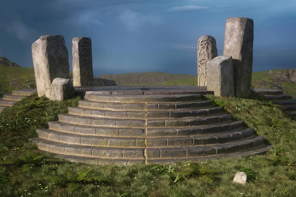 Pasos Que Conducen Templo Del Círculo Piedra Fantasía Paisaje Remoto —  Fotos de Stock