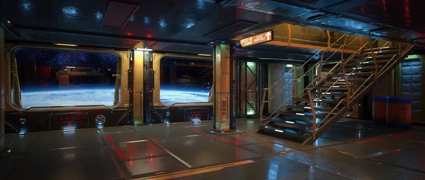 Cinematic Illustration Science Fiction Spaceship Interior Staircase Upper Deck Window — Stockfoto
