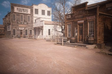 3D rendering of an empty street in an old wild west town with wooden buildings.