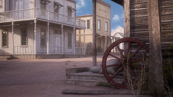 Old wild western town street scene with wagon wheel leaning on wooden wall in foreground. 3D illustration.