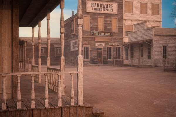 View from an old wooden house across a dusty street in an old town in the American wild west. 3D illustration.