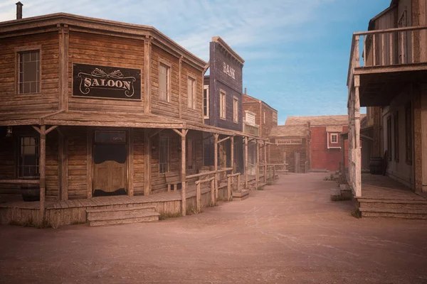 Empty dirt street in an old western town with various wooden buildings. 3D rendering.