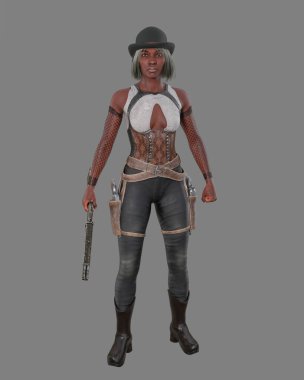 Tall attractive black woman standing in wild west style outfit with two holstered revolvers and a rifle in her hand. 3D illustration isolated on grey background.