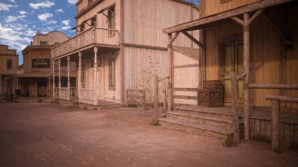 Ahşap merdivenler ve arka planda otel ve bar olan eski bir Amerikan Western caddesindeki eve giriş. 3B illüstrasyon.