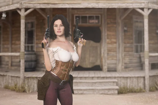 Young Beautiful Female Gunslinger Posing Old Western Saloon Holding Two — Fotografia de Stock