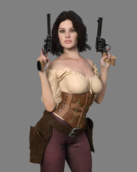 Portrait Pretty Female Gunslinger Woman Posing Revolvers Both Hands Wearing — Stock Photo, Image
