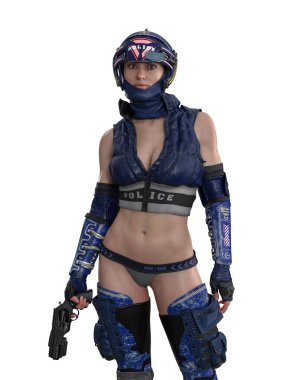 Portrait of futuristic cyberpunk female police officer standing with gun in hand. 3D illustration isolated on white background.