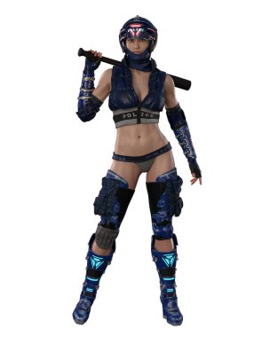 Portrait of futuristic cyberpunk police woman standing in sci-fi uniform with baton resting on her shoulder. 3D illustration isolated on white background.