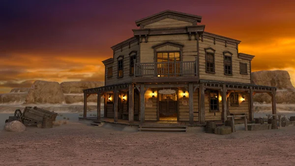 Old Wild West Saloon Western Desert Town Sunset Mountains Orange — 스톡 사진