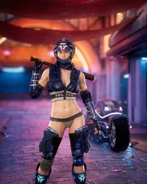 Cyberpunk woman police patrol officer standing in a futuristic street at night with baton over her shoulder and motorbike behind. 3D rendering