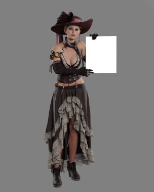 Mock up blank sign held by beautiful woman in steampunk style clothes. 3D illustration isolated on grey background.