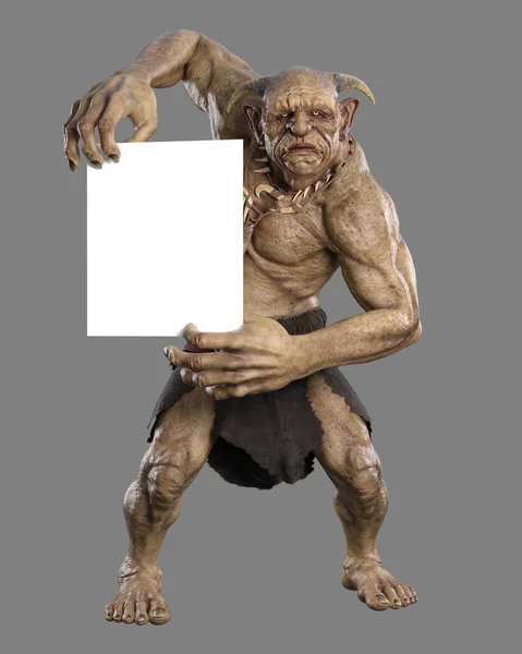 Green Skinned Fantasy Troll Creature Holding Blank White Sign Rendering — 스톡 사진