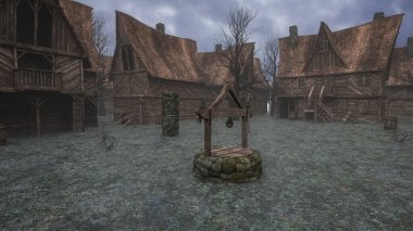 Dark foreboding empty medieval village with wooden buildings, old carts and well. 3D rendering.