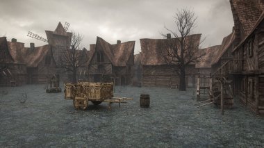 Dark moody medieval town with wooden carts and buildings. 3D illustration.