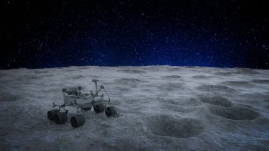 3D illustration landscape on the surface of the moon with an unmanned remote control scientific exploration vehicle. 