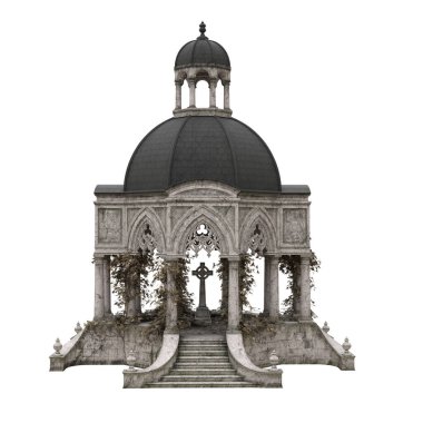 Old gothic building with grave stone in the centre. 3d illustration isolated on white background.