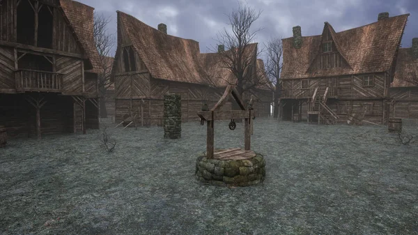 Dark Foreboding Empty Medieval Village Wooden Buildings Old Carts Well — Foto de Stock