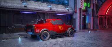 Red cyberpunk truck parked in a dark seedy futuristic city street at night. 3D rendering.
