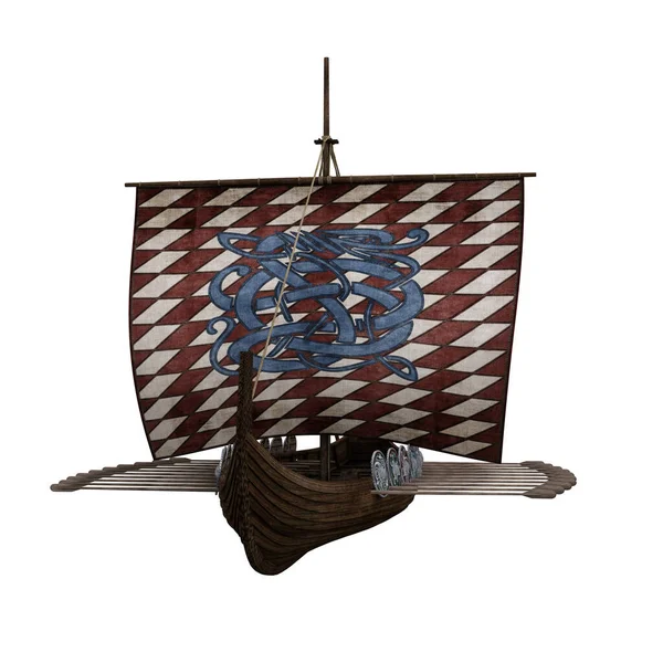 Front view of old medieval Viking ship. 3D illustration isolated on white background.