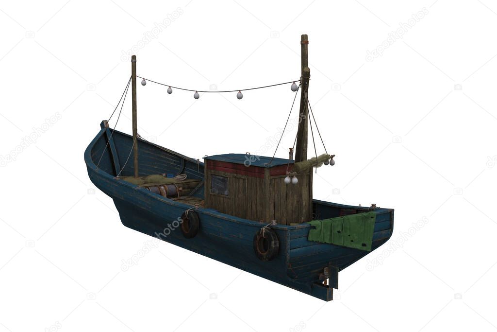 Old wooden fishing boat viewed from rear perspective. 3D rendering isolated on white background.