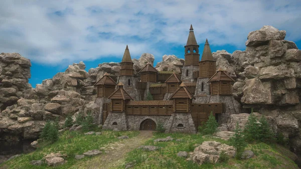 Fantasy Castello Medievale Costruito Legno Pietra Paesaggio Roccioso Illustrazione — Foto Stock