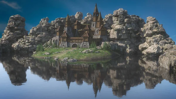 Średniowieczny Zamek Fantazji Skalistym Krajobrazie Skraju Jeziora Ilustracja — Zdjęcie stockowe