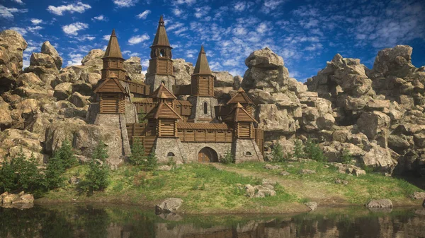 岩の多い風景に囲まれた湖の端に中世のファンタジー要塞 3Dイラスト — ストック写真