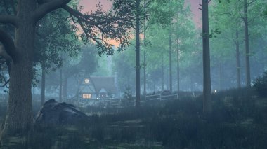 Karanlık, sisli bir ormanda ürkütücü cadının evi. Cadılar Bayramı konsepti 3B oluşturma. 
