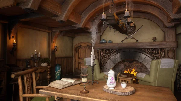 Άνετο Σαλόνι Ένα Μικρό Μεσαιωνικό Εξοχικό Σπίτι Φαντασίας Για Halflings — Φωτογραφία Αρχείου