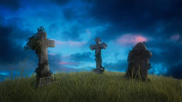 Graves Piedras Una Colina Cubierta Hierba Con Cielo Noche Detrás — Foto de Stock