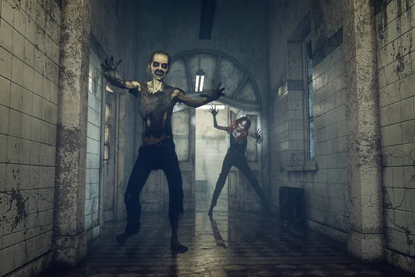 Zombik Sétálnak Folyosón Posztapokaliptikus Elhagyatott Kórházban Vagy Elmegyógyintézetben Halloween Horror — Stock Fotó
