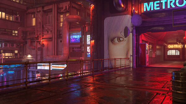 Dark moody dystopian future cyberpunk city urban landscape at night after rain. 3D illustration.