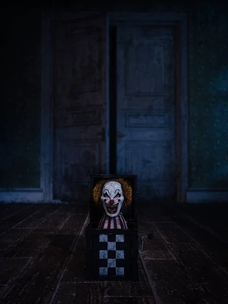 空の放棄された家の床の上に幽霊ピエロのおもちゃの箱の悪のジャック ハロウィンホラーストーリーのコンセプト3Dレンダリング — ストック写真