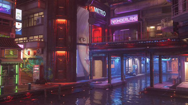 Futuristic dystopian cyberpunk city urban area with downtown buildings around a canal at night. 3D illustration.