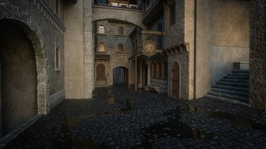 Eski bir ortaçağ kasabasında tavernası olan Cobblestone Caddesi. 3B illüstrasyon.