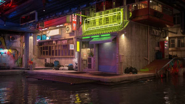 Smerige Binnenstad Scene Een Dystopische Toekomstige Cyberpunk Stad Weergave — Stockfoto